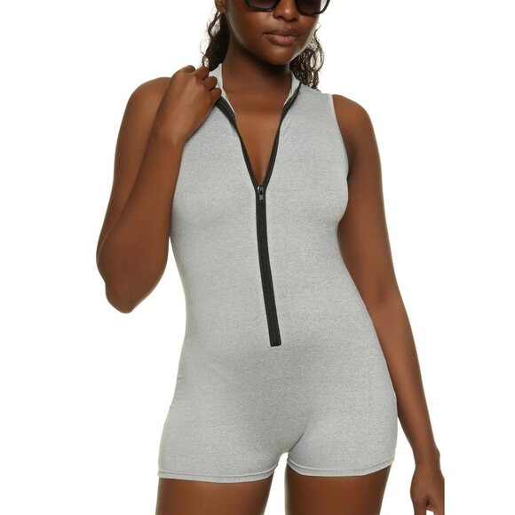 Daisy Zip Front Mock Neck Romper - Gray - Size XL - Picture 1 of 7